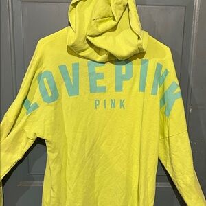 PINK 'LOVE PINK' Neon Yellow Hoodie with Teal Lettering
